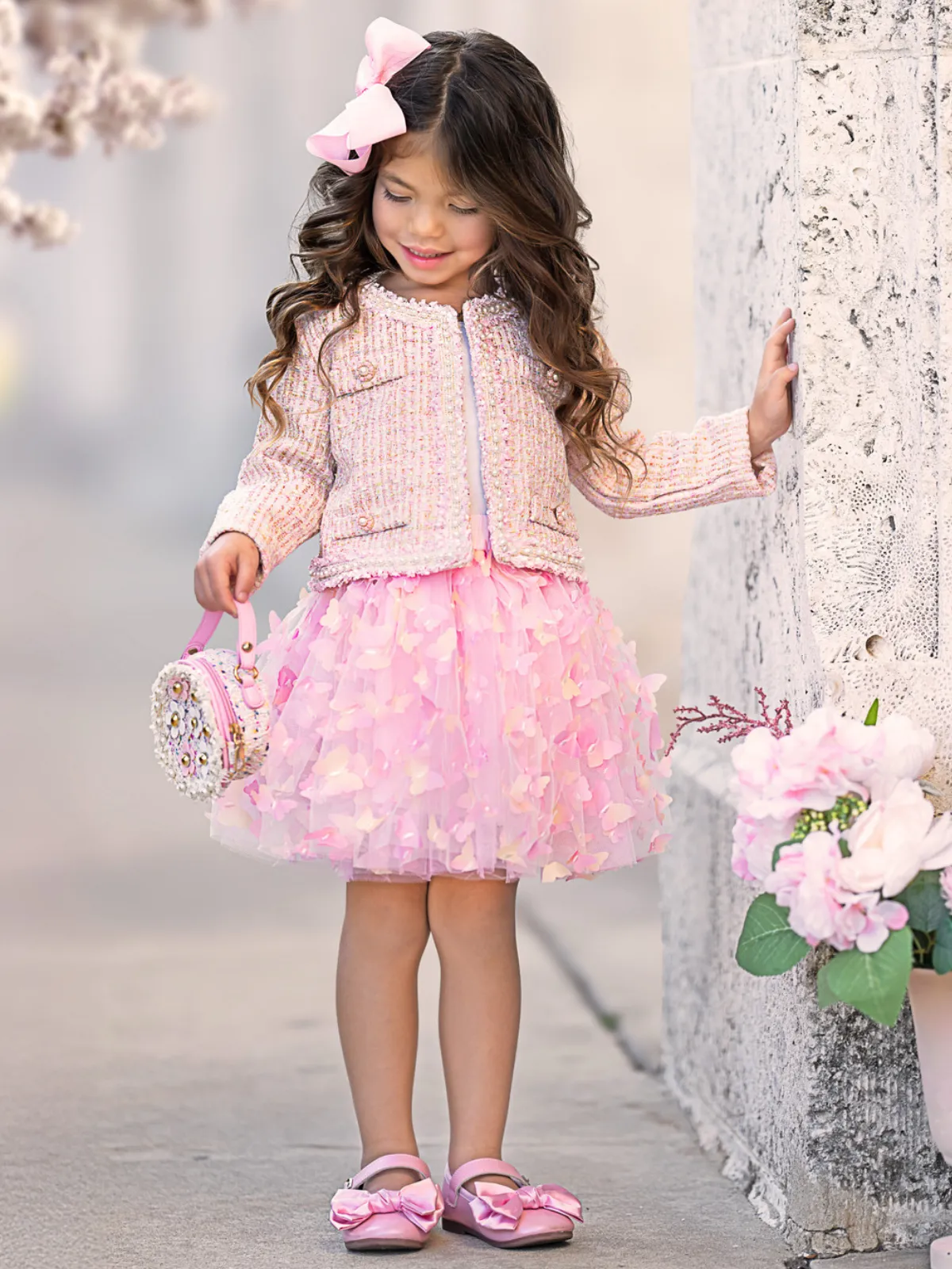 Pink Sparkle Tweed Jacket & Butterfly Tutu Skirt Set