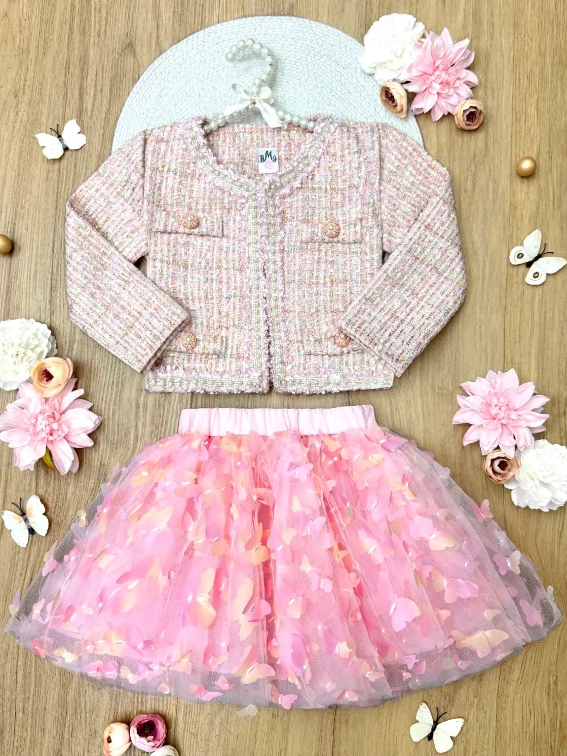 Pink Sparkle Tweed Jacket & Butterfly Tutu Skirt Set
