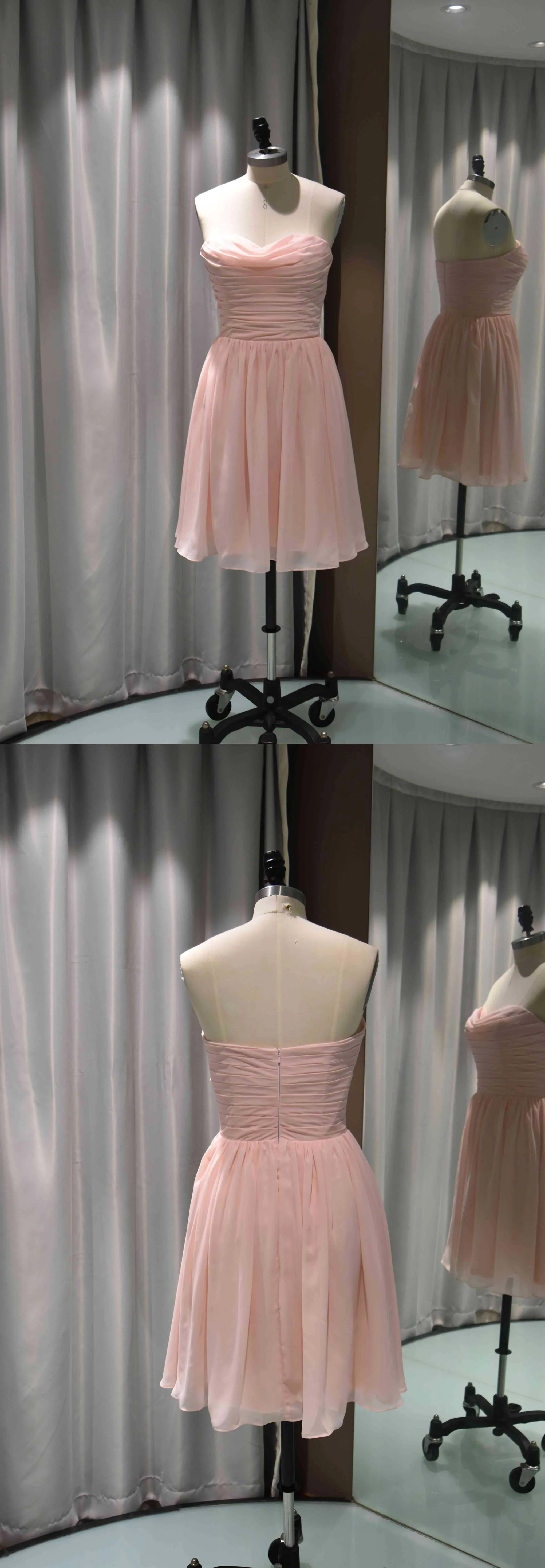 Pink Strapless Pleated A-Line Chiffon Short Bridesmaid Dress-100401