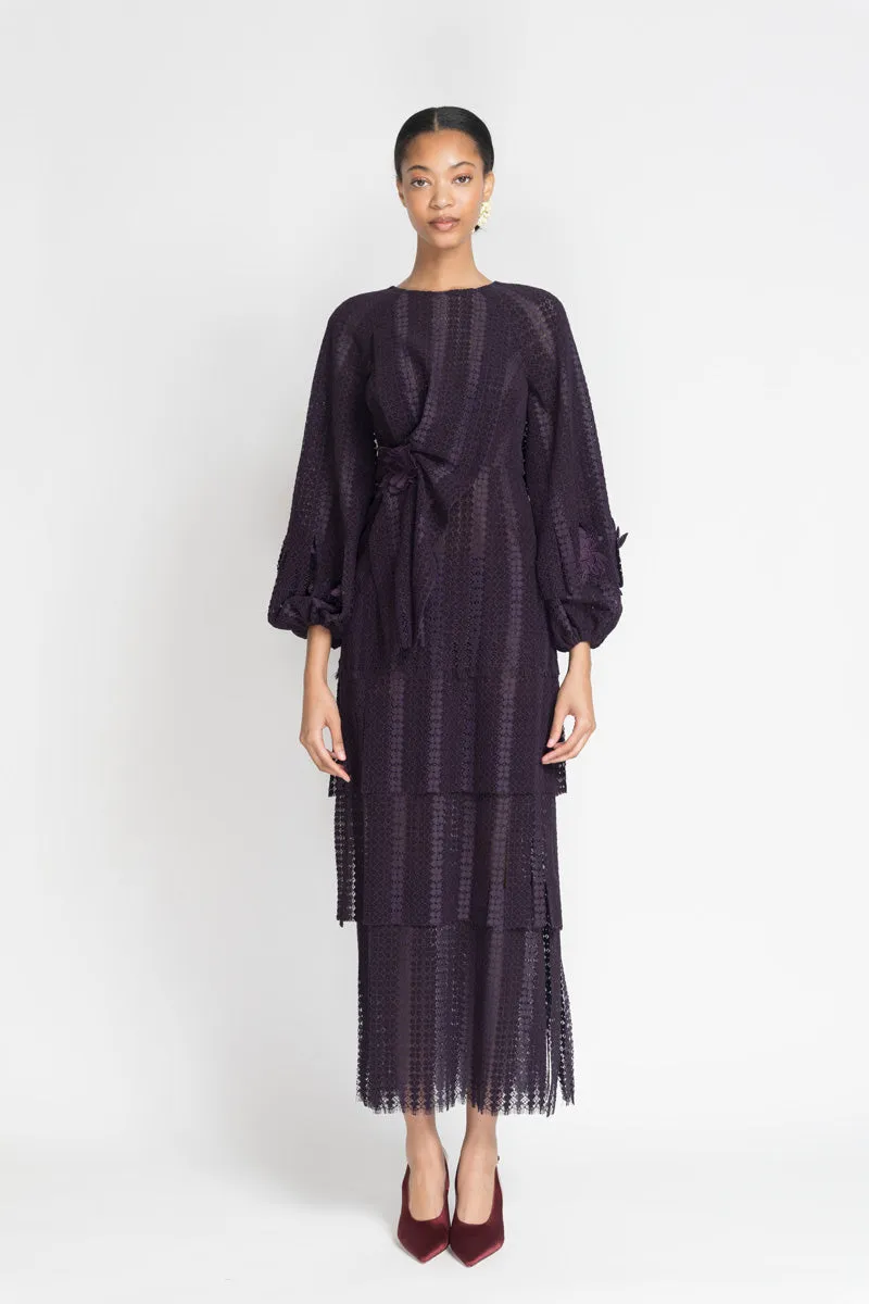 Plum Flocked Lace Dress with Guipure Flower Appliqué