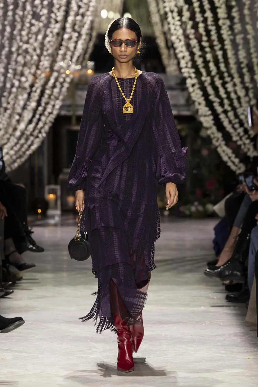 Plum Flocked Lace Dress with Guipure Flower Appliqué