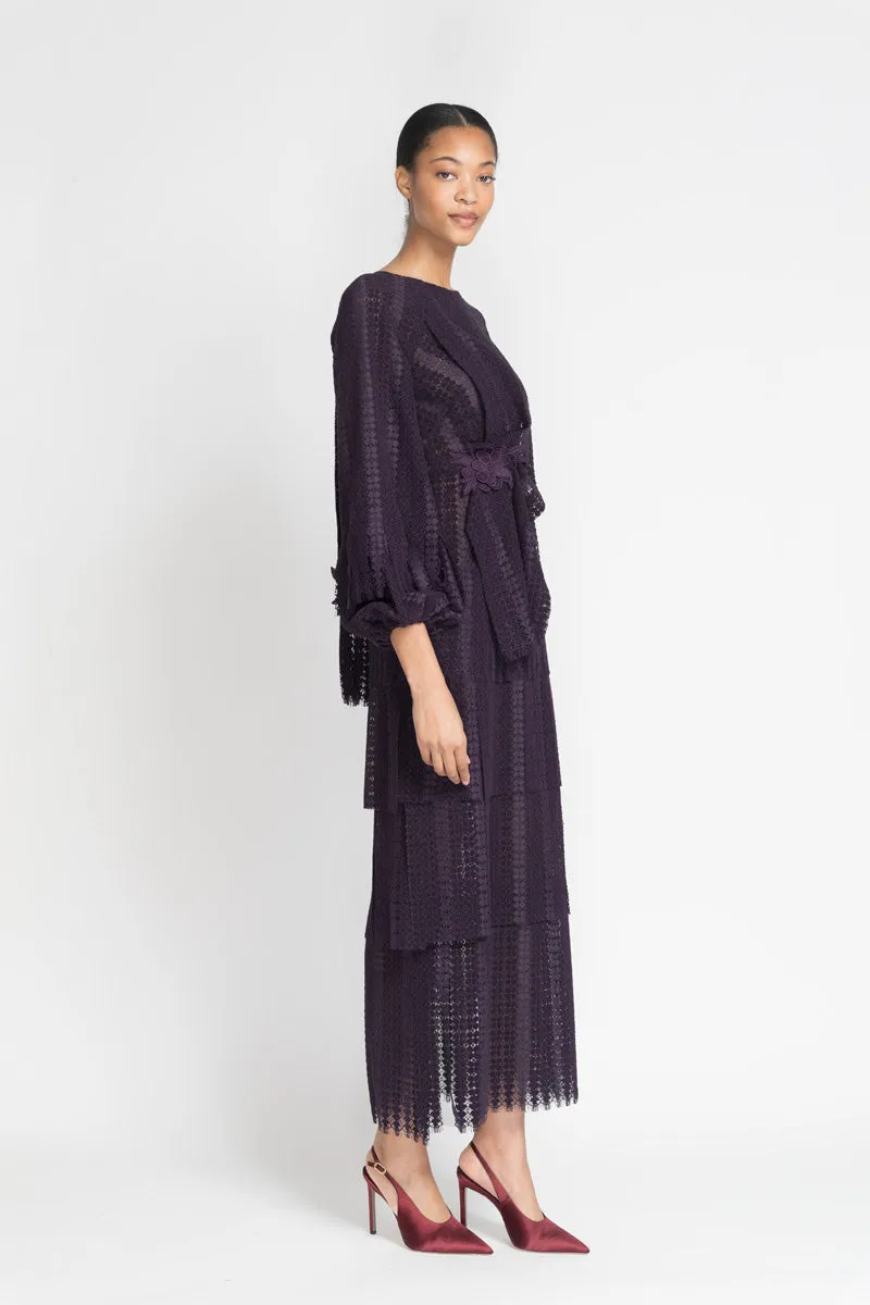 Plum Flocked Lace Dress with Guipure Flower Appliqué