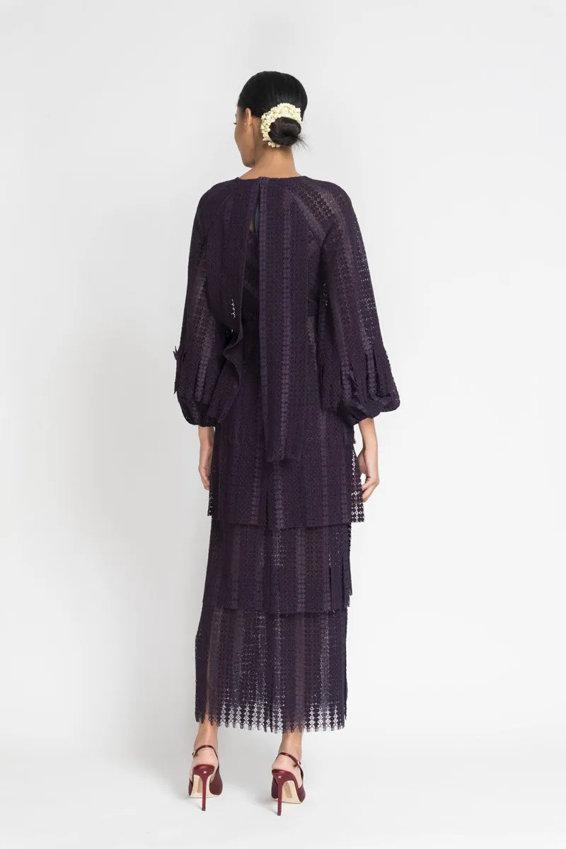 Plum Flocked Lace Dress with Guipure Flower Appliqué
