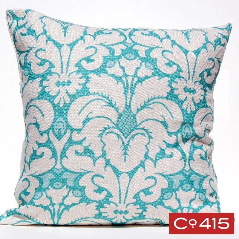 Plumes Damask Pillow - Aqua