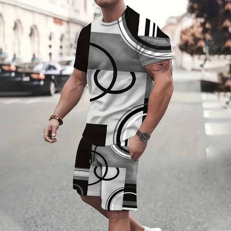 Plus Size Men's Contrast Color T-shirt Shorts Set