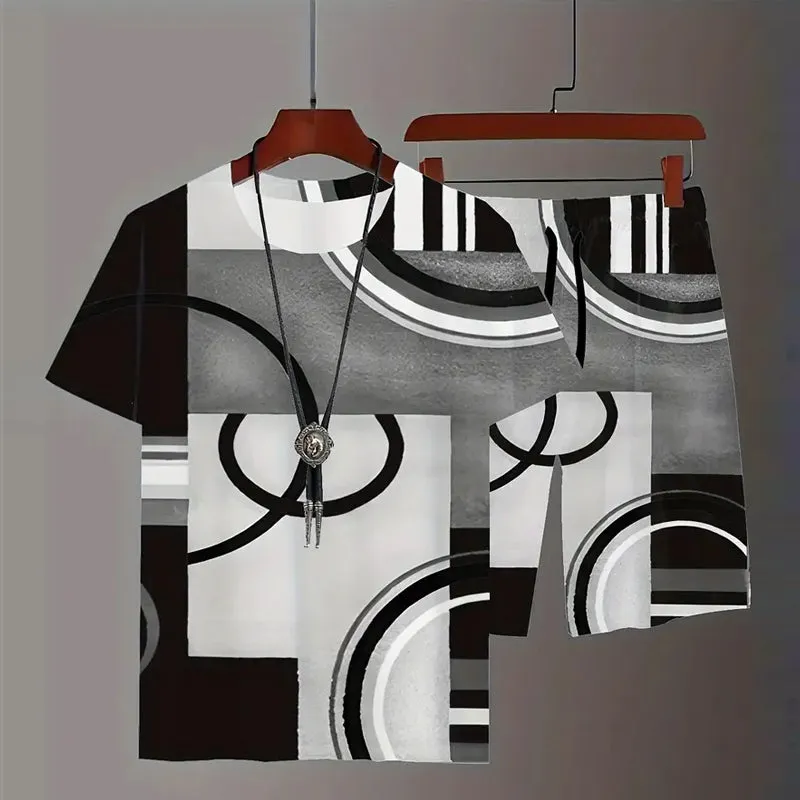 Plus Size Men's Contrast Color T-shirt Shorts Set
