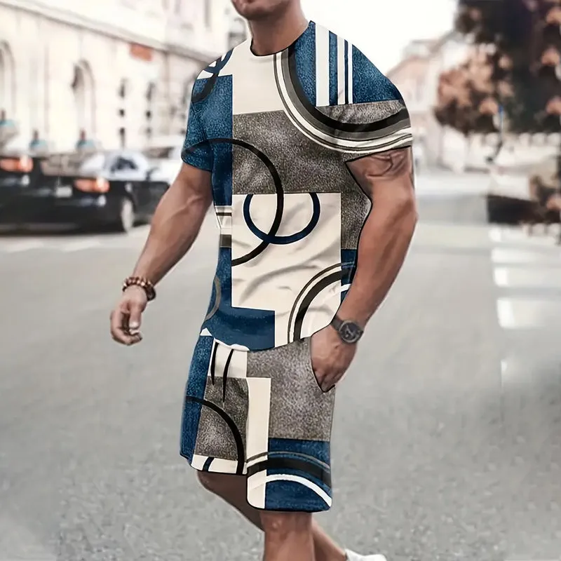 Plus Size Men's Contrast Color T-shirt Shorts Set