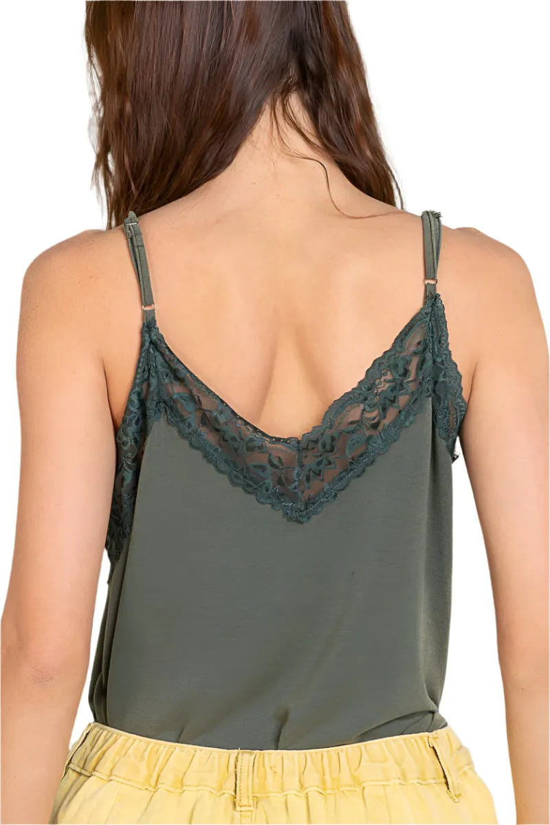 Pol Clothing - Sleeveless Lace Trim Knit Top in Olive