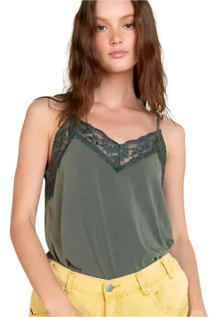 Pol Clothing - Sleeveless Lace Trim Knit Top in Olive