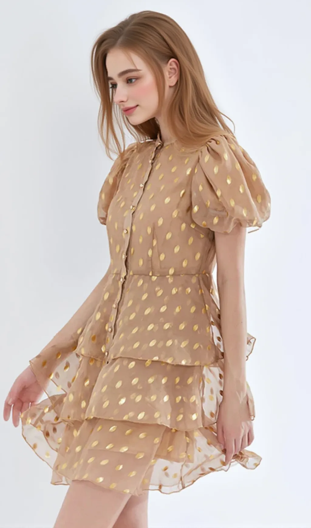 polka Dot Layered Print Mini Dress in kahki