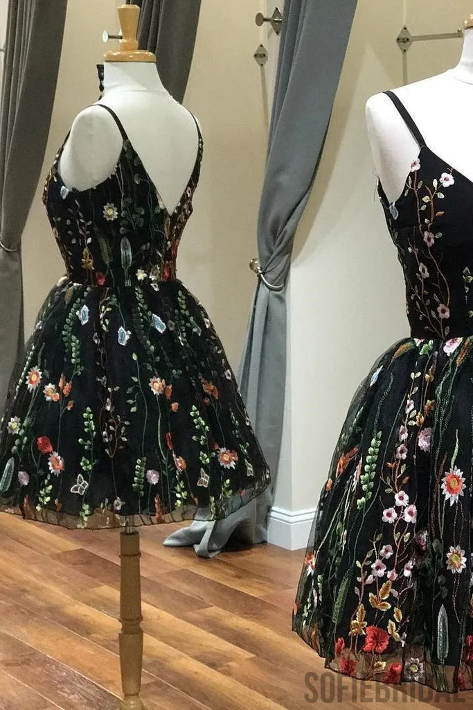 Popular Spaghetti Straps V-neck Embroidery Short Homecoming Dress, HD0136