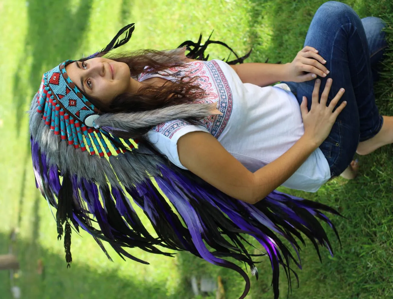 PRICE REDUCED Y24 Purple Feather Headdress (36 inch long )/war bonnet.