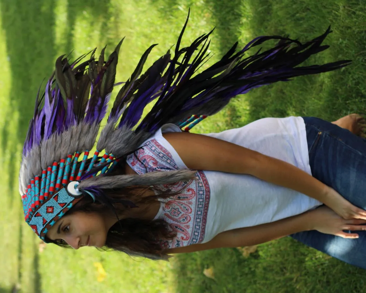 PRICE REDUCED Y24 Purple Feather Headdress (36 inch long )/war bonnet.