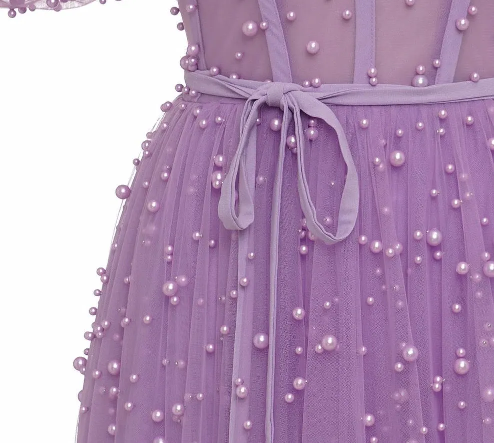 Purple Pearls Evening Dress Formal Dresses Shor Sleeves Open Back Slit A line Prom Elegant Dress Gown Long Dress Evening