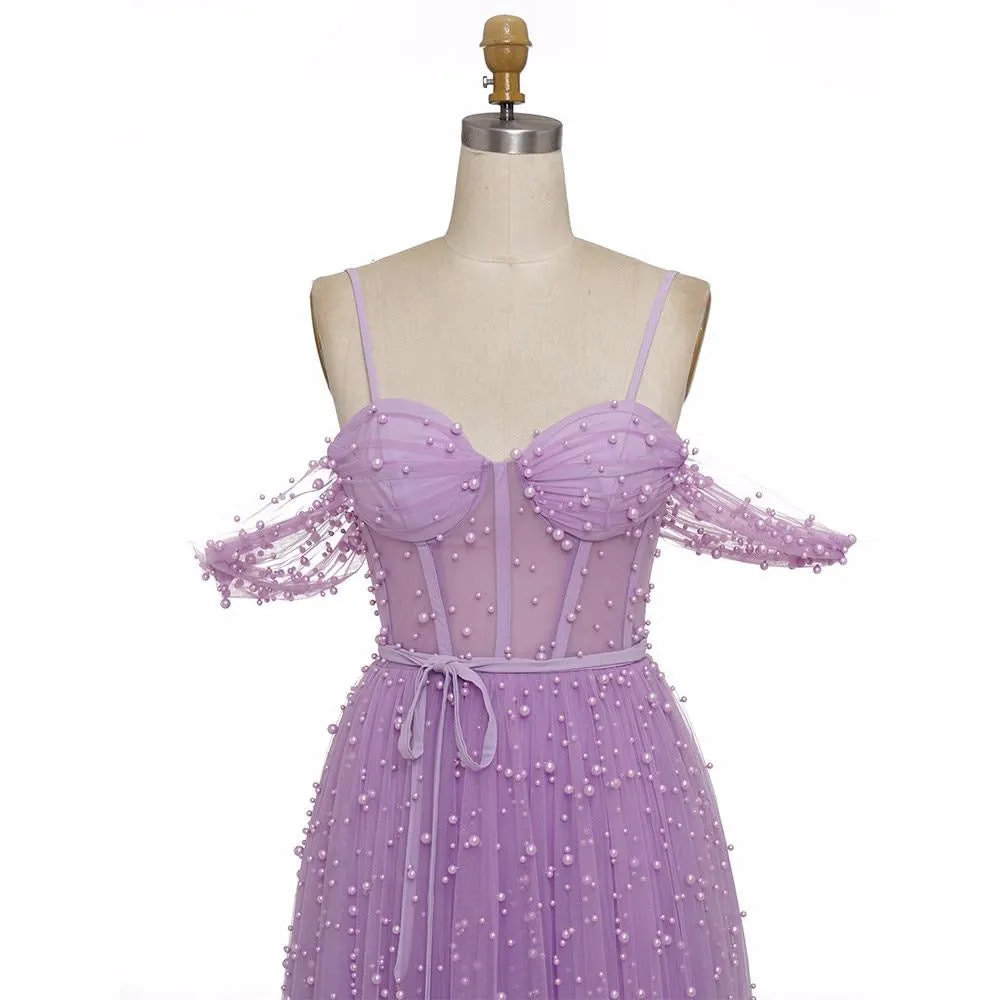 Purple Pearls Evening Dress Formal Dresses Shor Sleeves Open Back Slit A line Prom Elegant Dress Gown Long Dress Evening