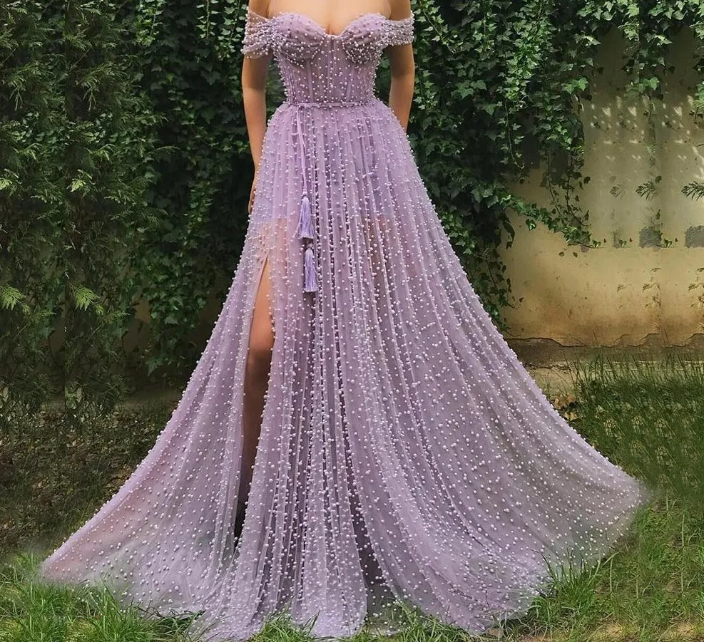 Purple Pearls Evening Dress Formal Dresses Shor Sleeves Open Back Slit A line Prom Elegant Dress Gown Long Dress Evening