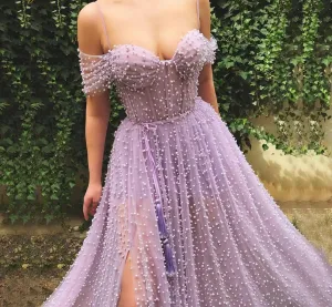 Purple Pearls Evening Dress Formal Dresses Shor Sleeves Open Back Slit A line Prom Elegant Dress Gown Long Dress Evening