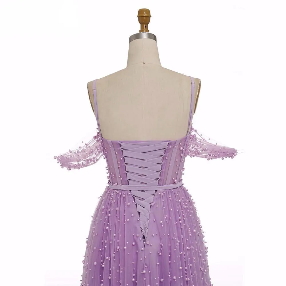Purple Pearls Evening Dress Formal Dresses Shor Sleeves Open Back Slit A line Prom Elegant Dress Gown Long Dress Evening