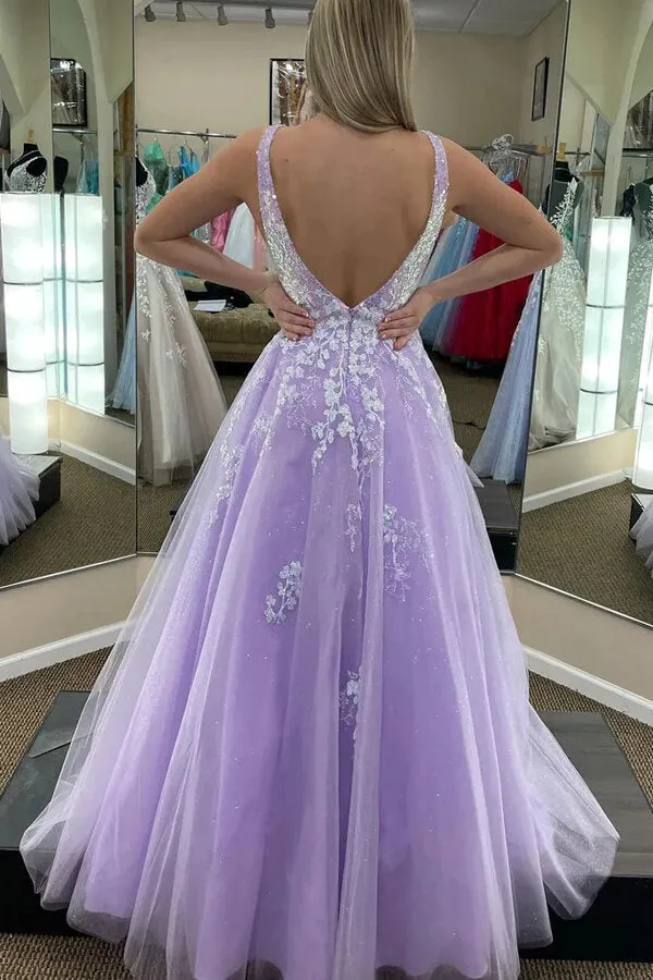 Purple Tulle A-line V-neck Open Back Prom Dresses with Lace Appliques, SP923