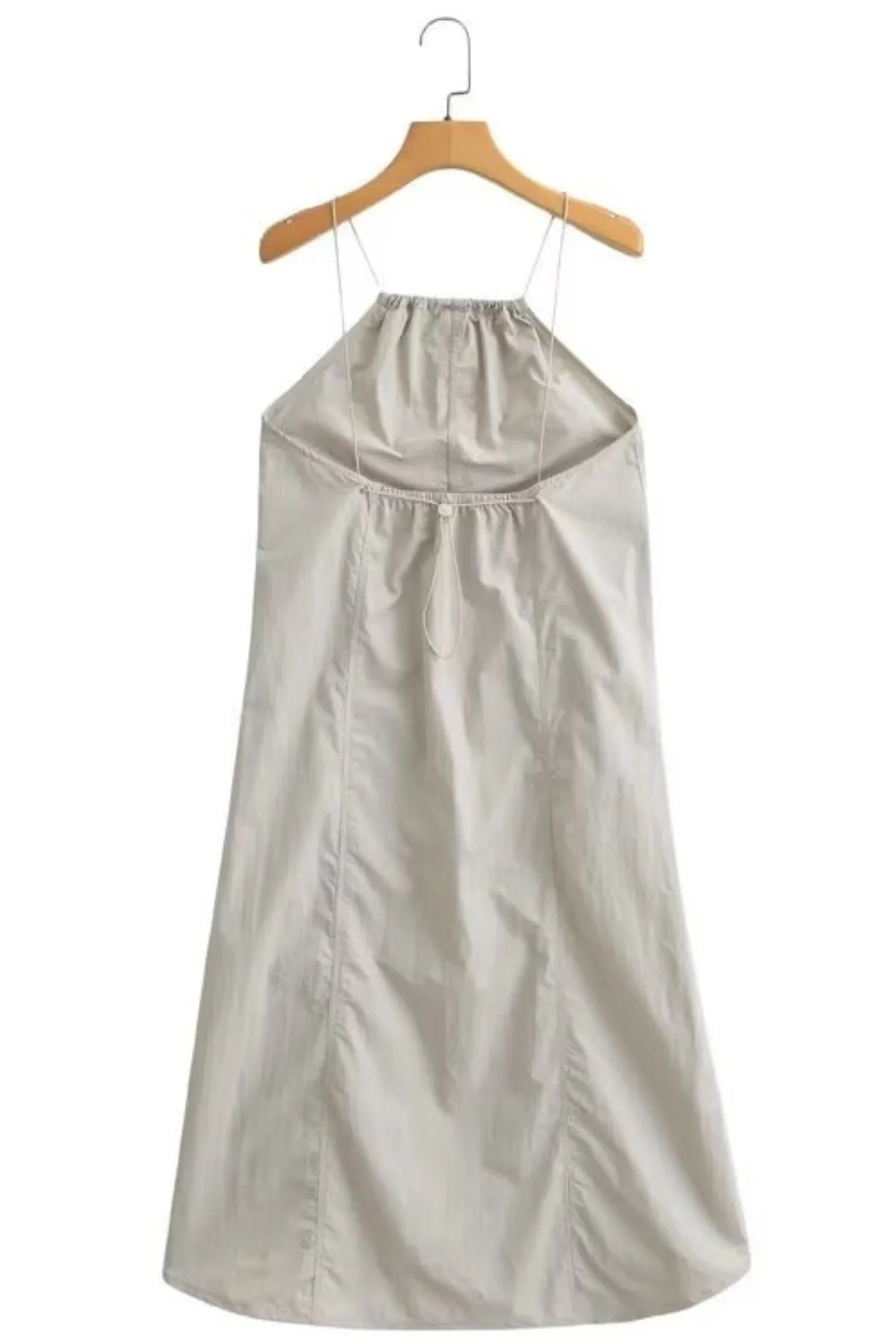 RAELYNN Halter Midi Parachute Dress W/ Toggle Drawstring Back & Hem (Stone Beige)