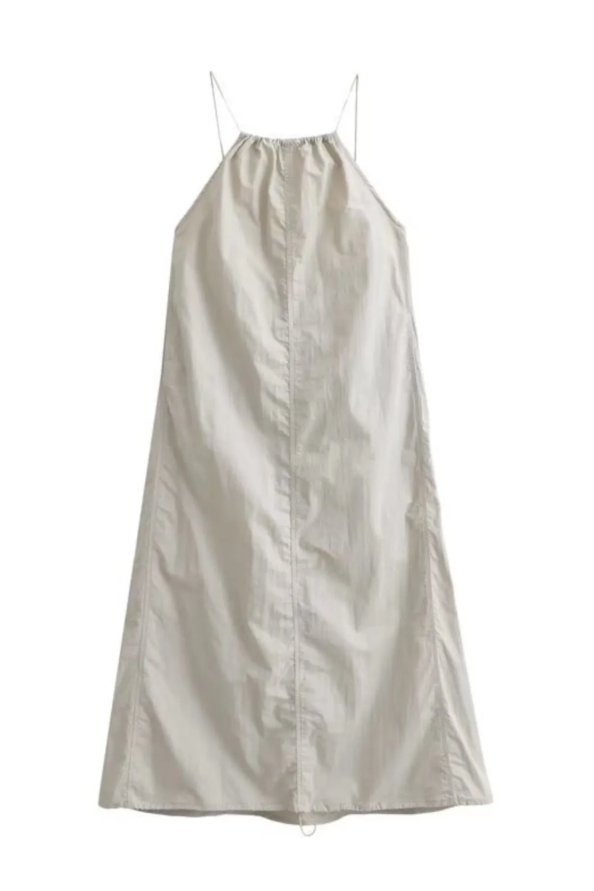 RAELYNN Halter Midi Parachute Dress W/ Toggle Drawstring Back & Hem (Stone Beige)