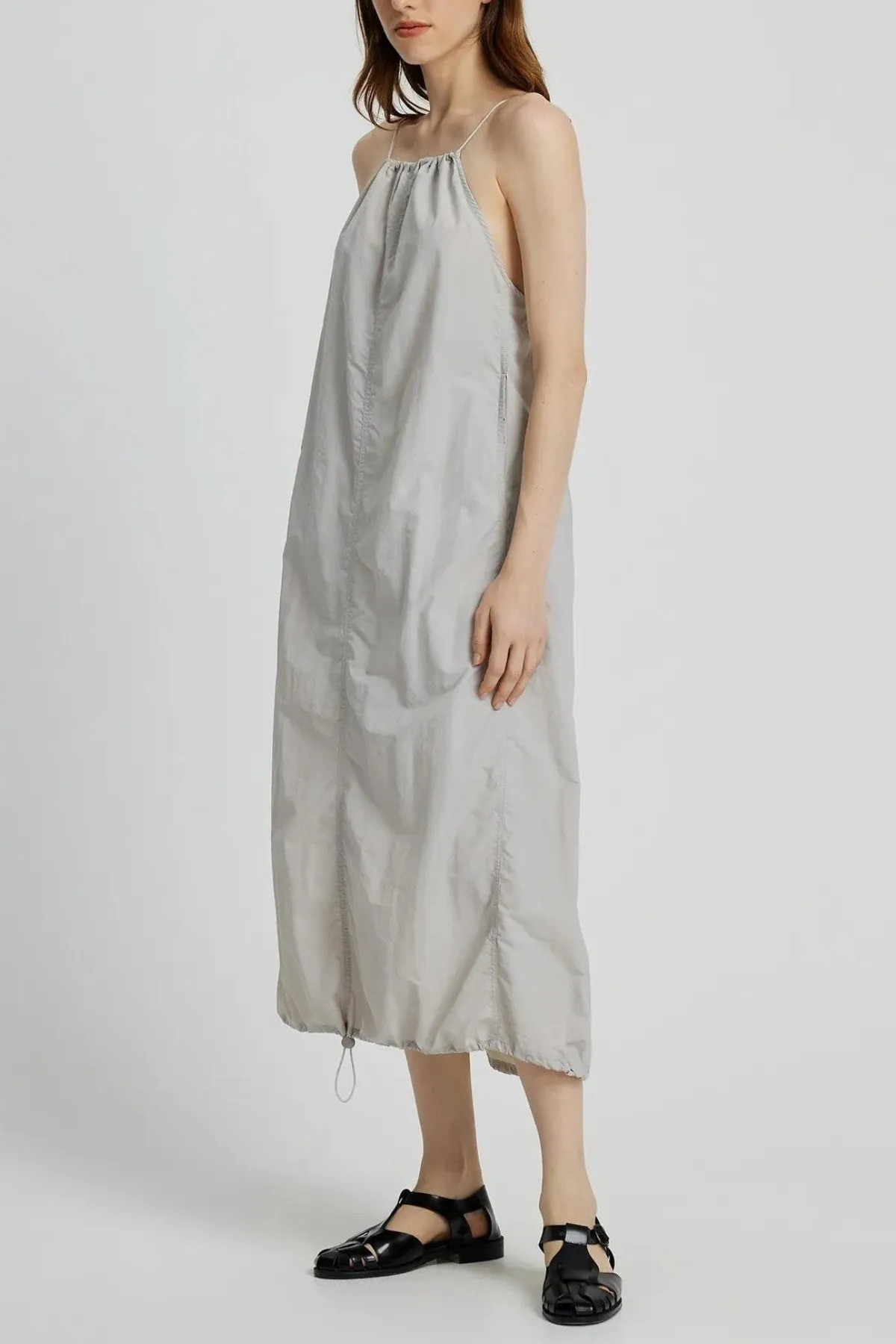 RAELYNN Halter Midi Parachute Dress W/ Toggle Drawstring Back & Hem (Stone Beige)