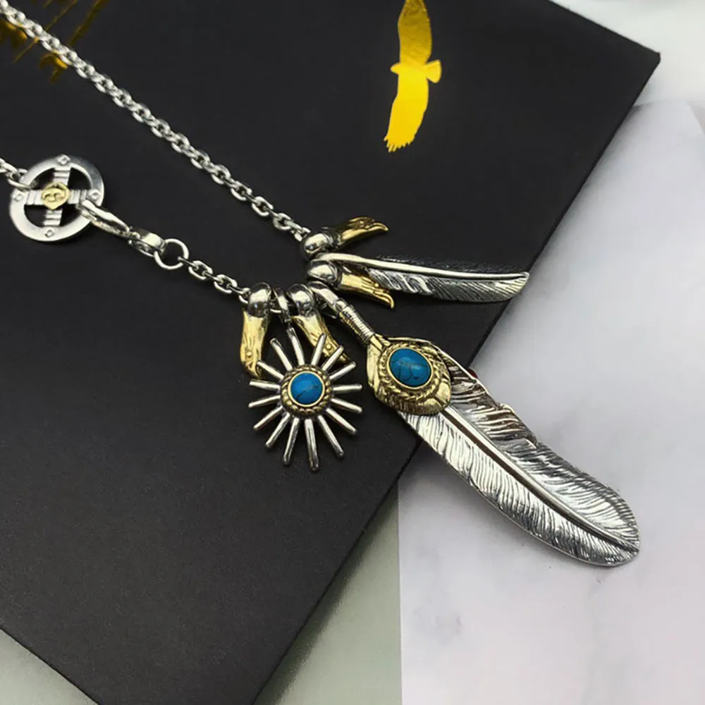 Real Solid 925 Sterling Silver Turquoise Necklace Pendant Eagle Feather Sunflower Punk Hip Hop Jewelry 22"-30"