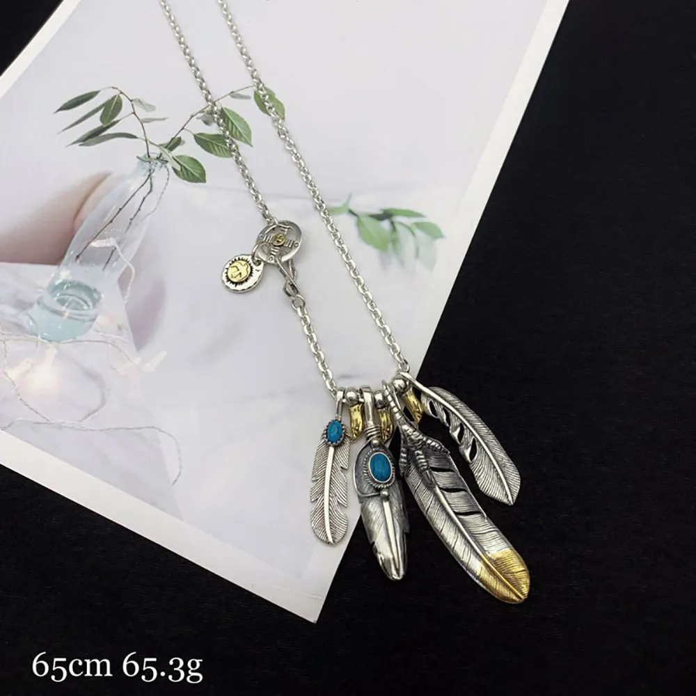 Real Solid 925 Sterling Silver Turquoise Necklace Pendant Feather Tassel Eagle Punk Hip Hop Jewelry 22"-30"