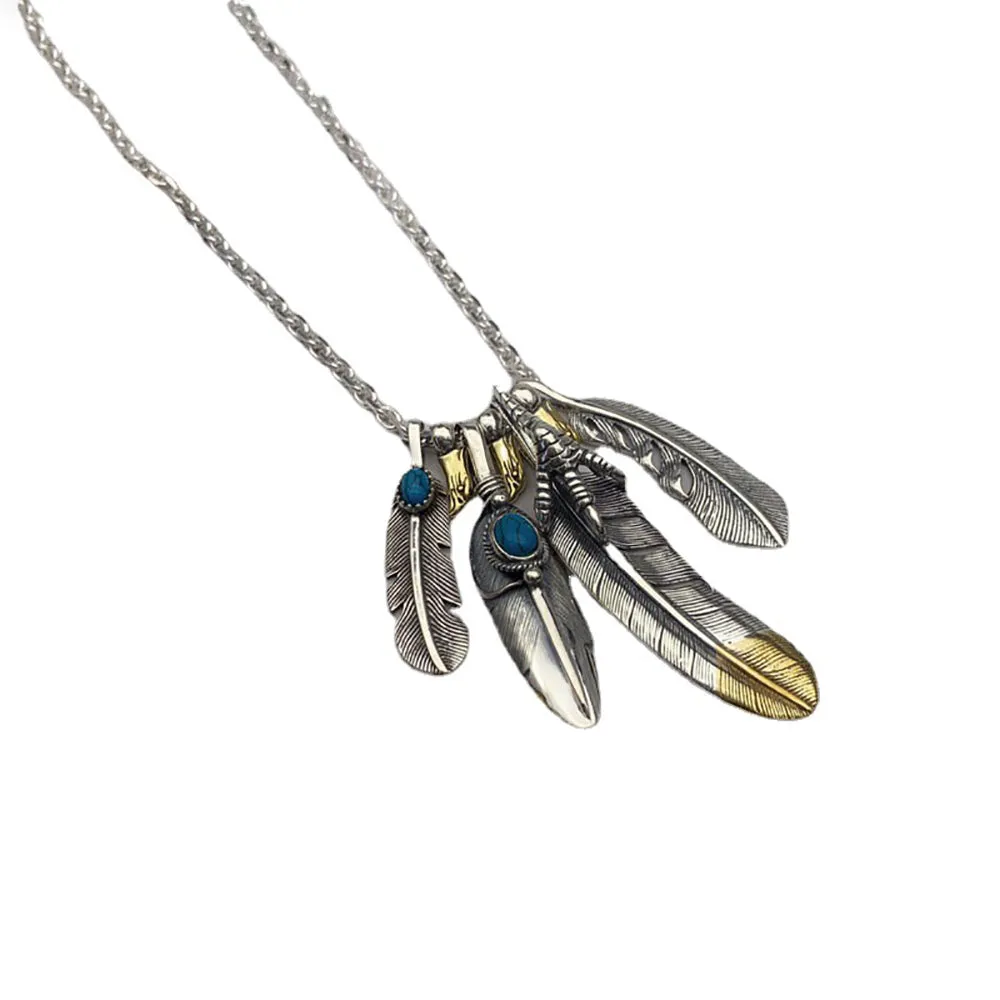 Real Solid 925 Sterling Silver Turquoise Necklace Pendant Feather Tassel Eagle Punk Hip Hop Jewelry 22"-30"