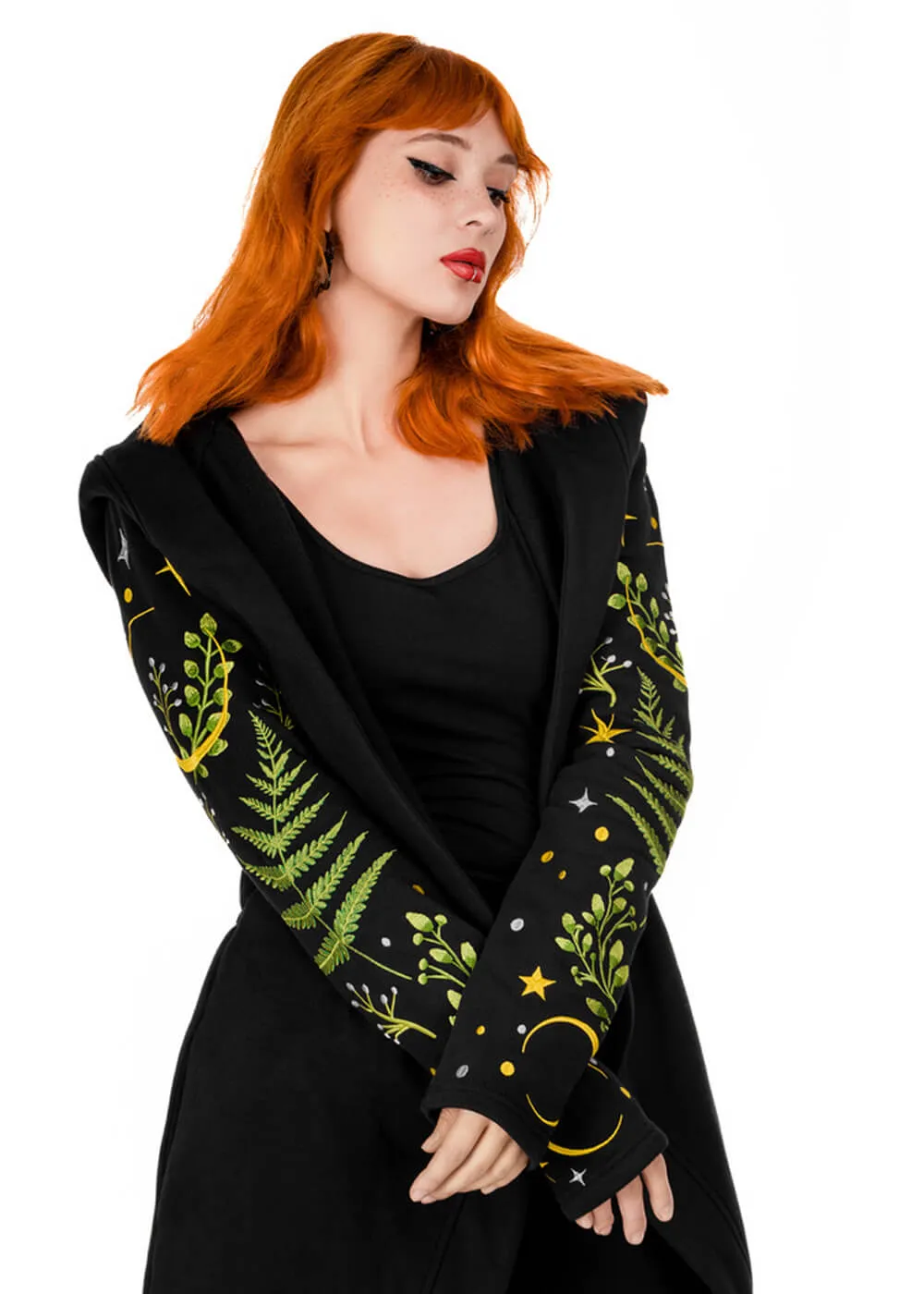 Restyle Herbal Fern Embroidery Hoodie Zwart