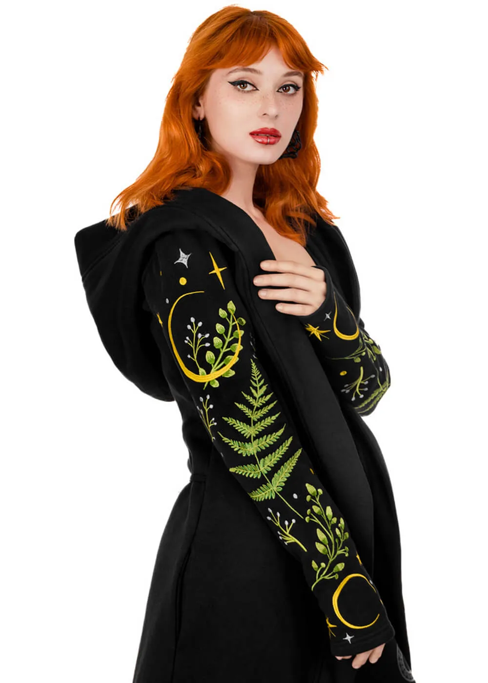 Restyle Herbal Fern Embroidery Hoodie Zwart