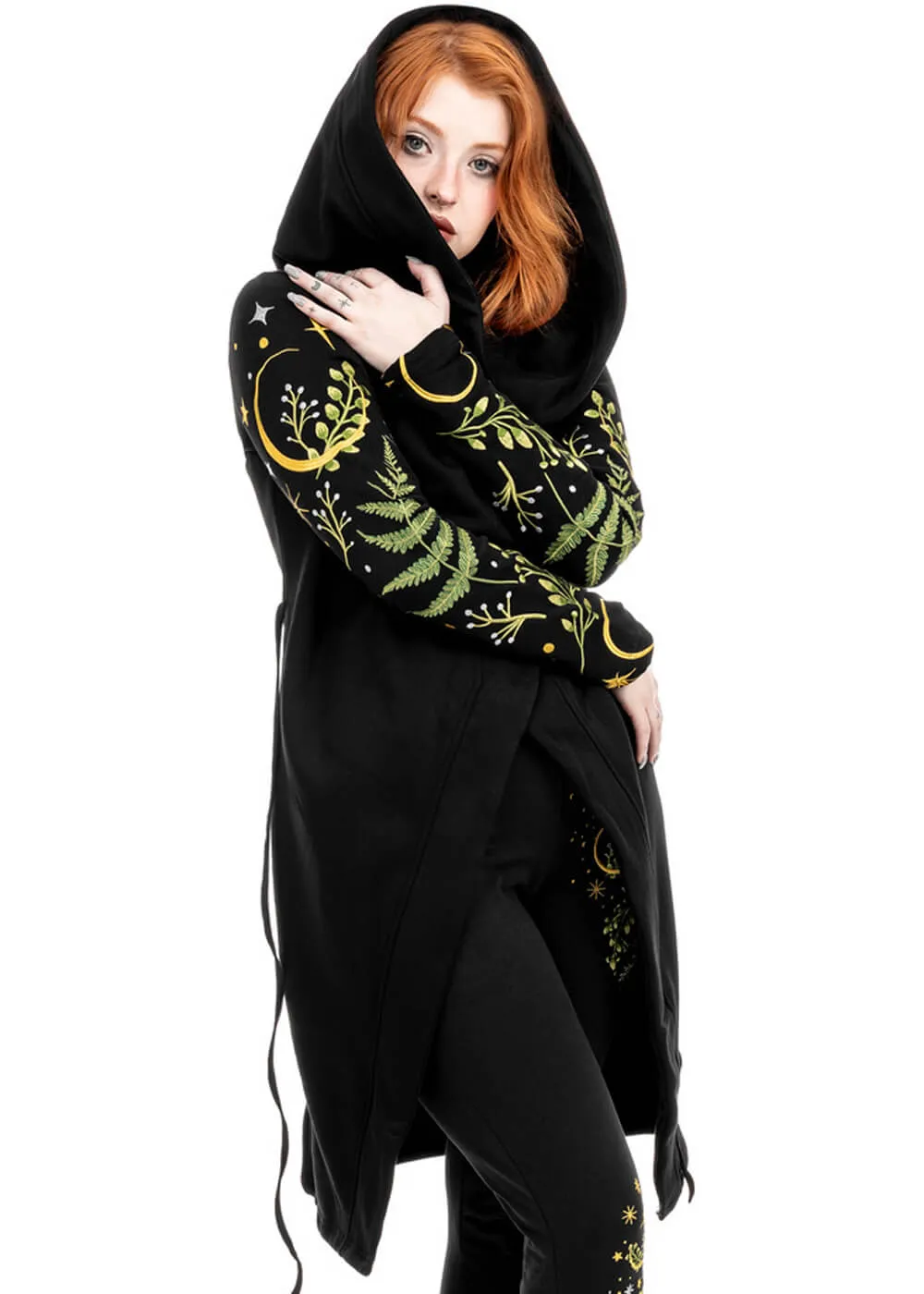 Restyle Herbal Fern Embroidery Hoodie Zwart