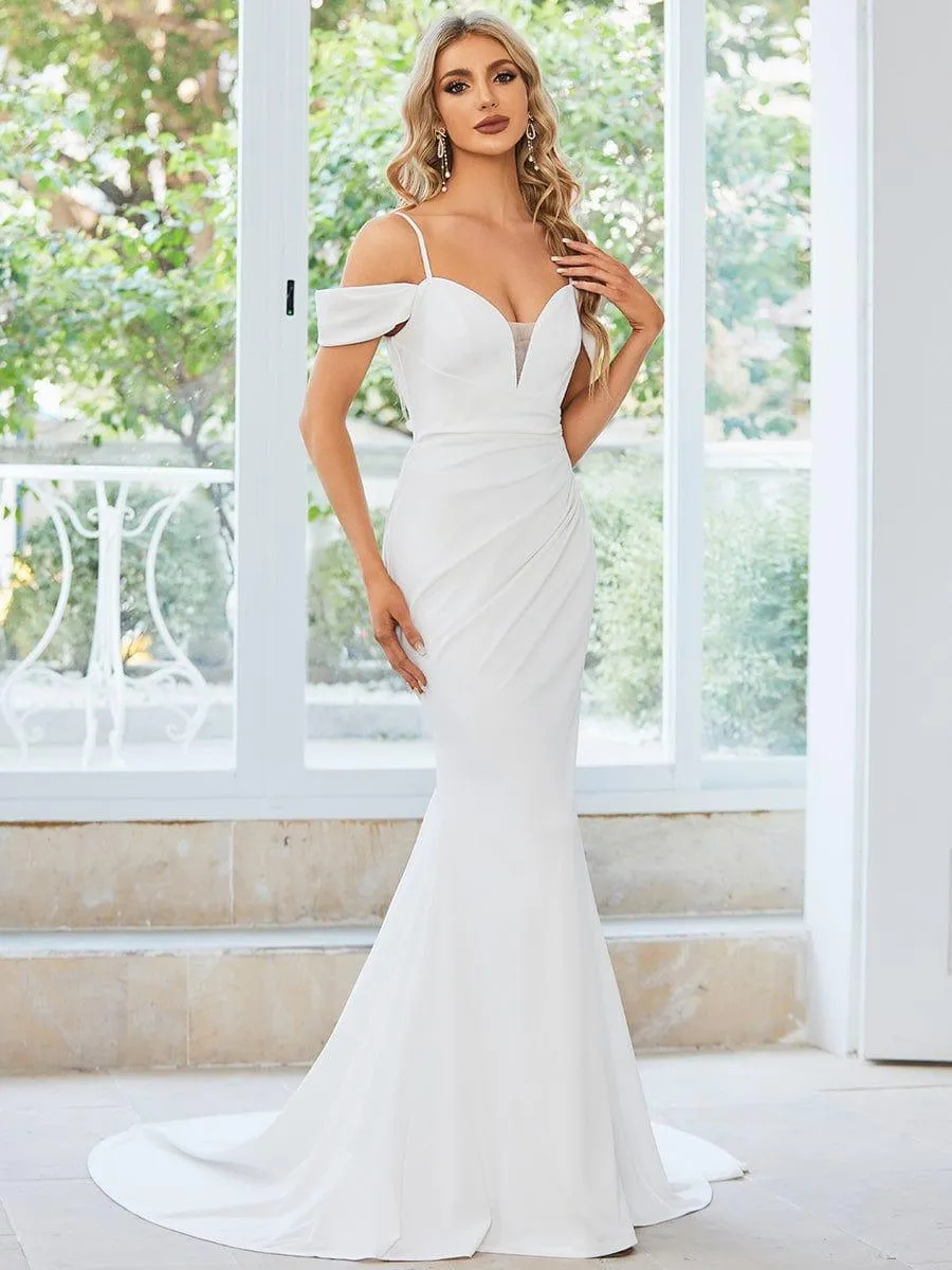 Robe de Mariée plissée Col en V profond et Bretelles Fines