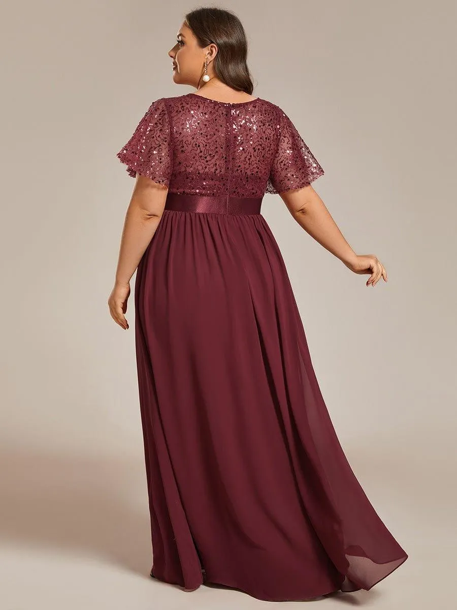 Robe de soirée à manches courtes et col rond à sequins taille haute de grande taille