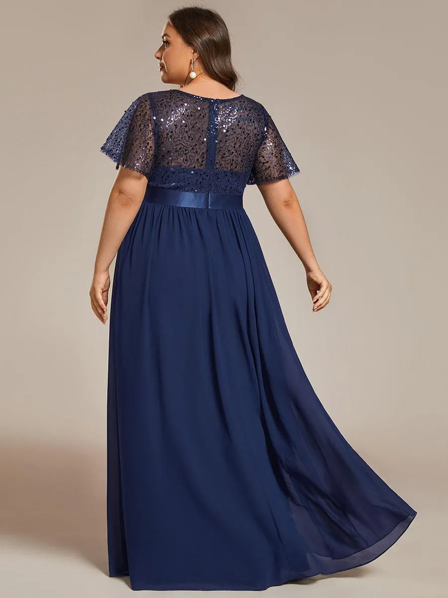 Robe de soirée à manches courtes et col rond à sequins taille haute de grande taille