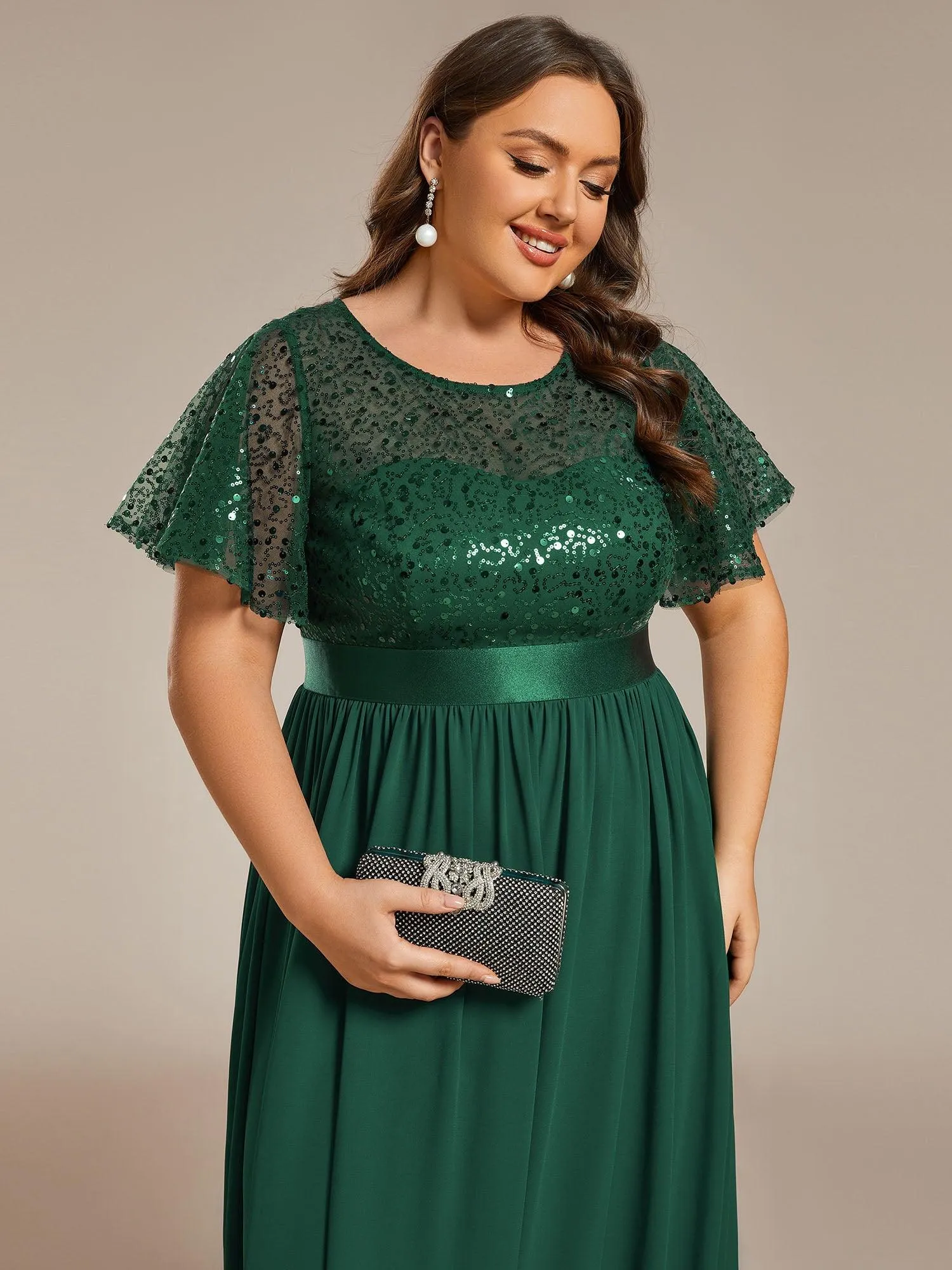 Robe de soirée à manches courtes et col rond à sequins taille haute de grande taille