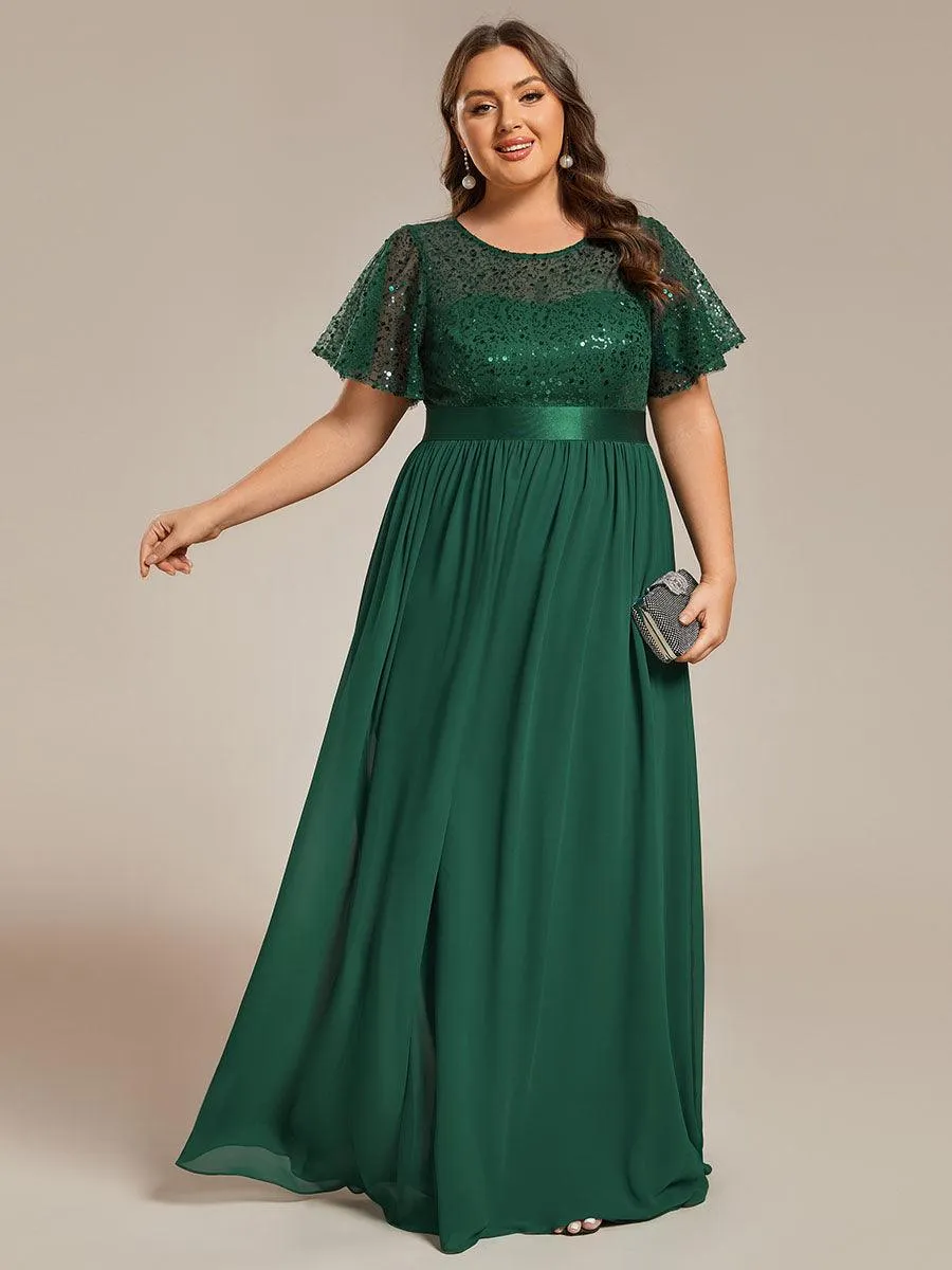 Robe de soirée à manches courtes et col rond à sequins taille haute de grande taille