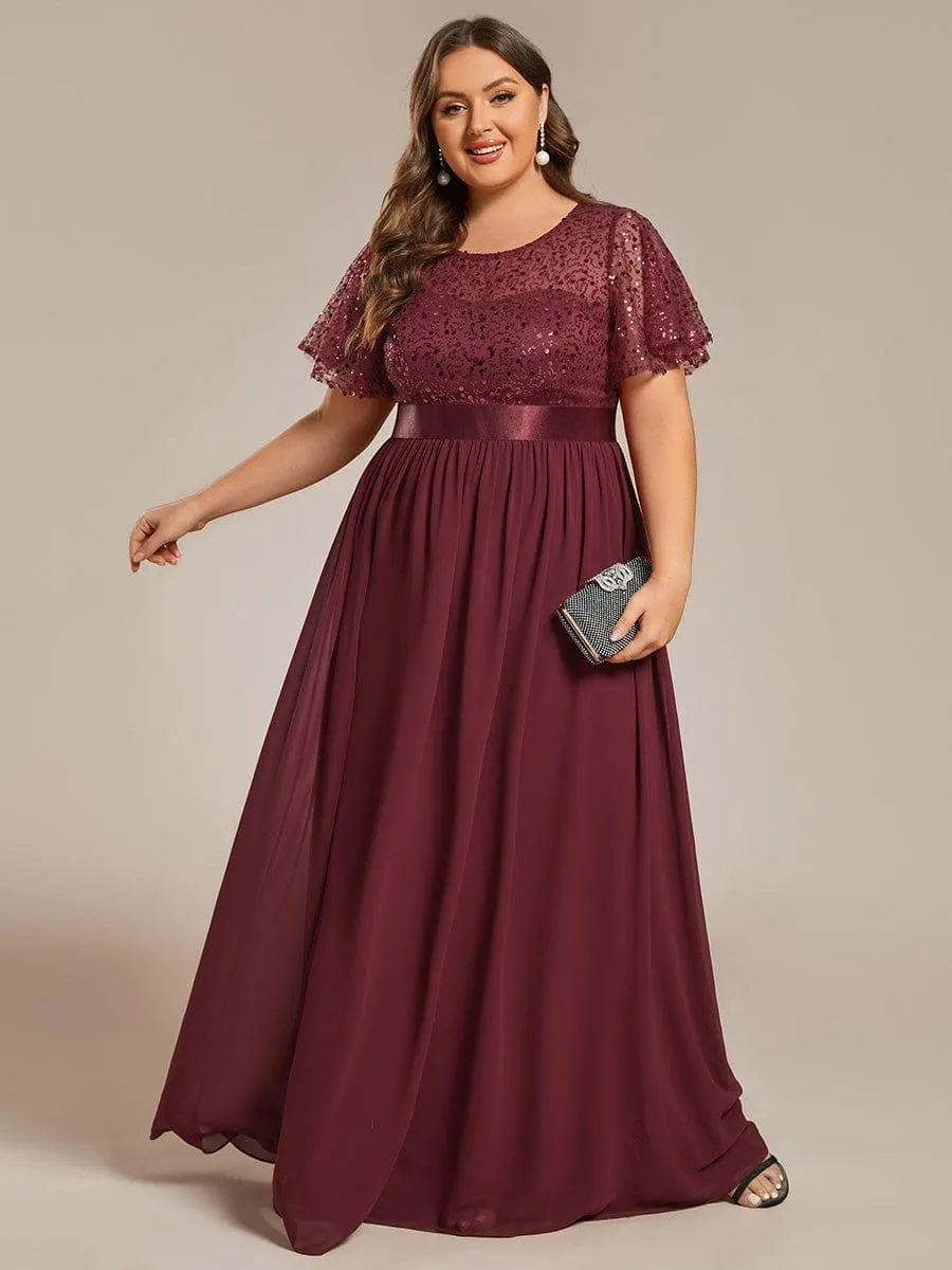 Robe de soirée à manches courtes et col rond à sequins taille haute de grande taille
