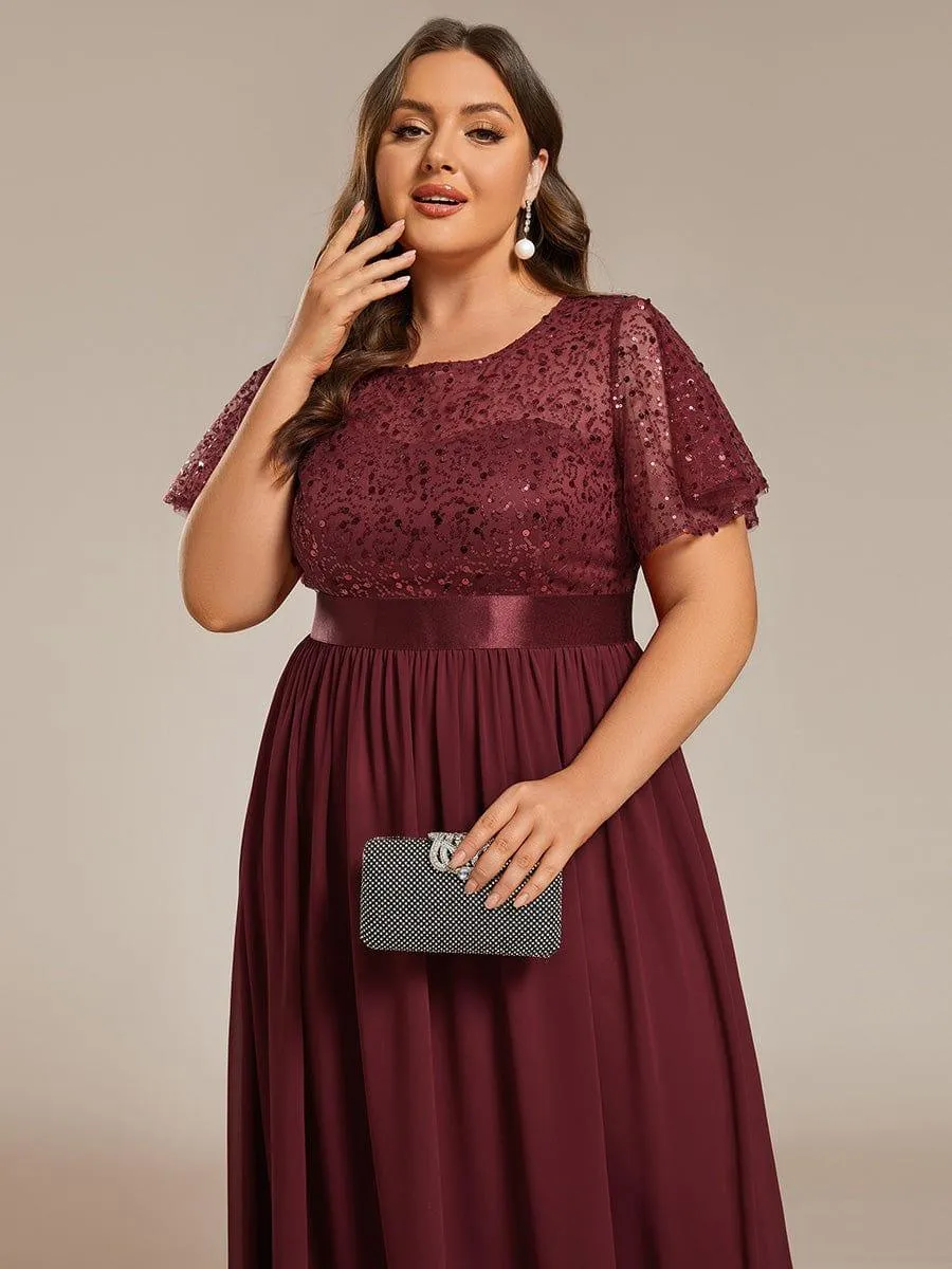 Robe de soirée à manches courtes et col rond à sequins taille haute de grande taille