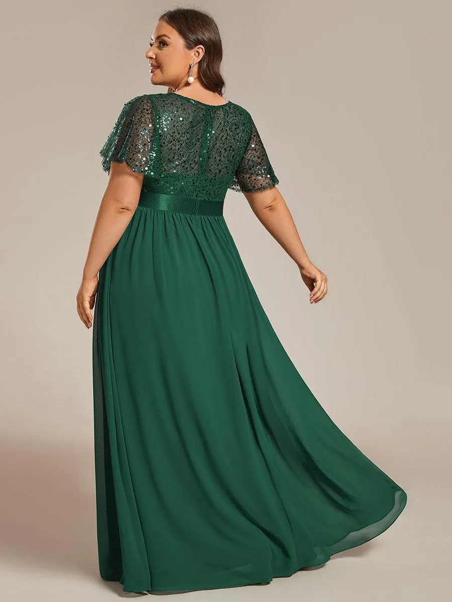 Robe de soirée à manches courtes et col rond à sequins taille haute de grande taille