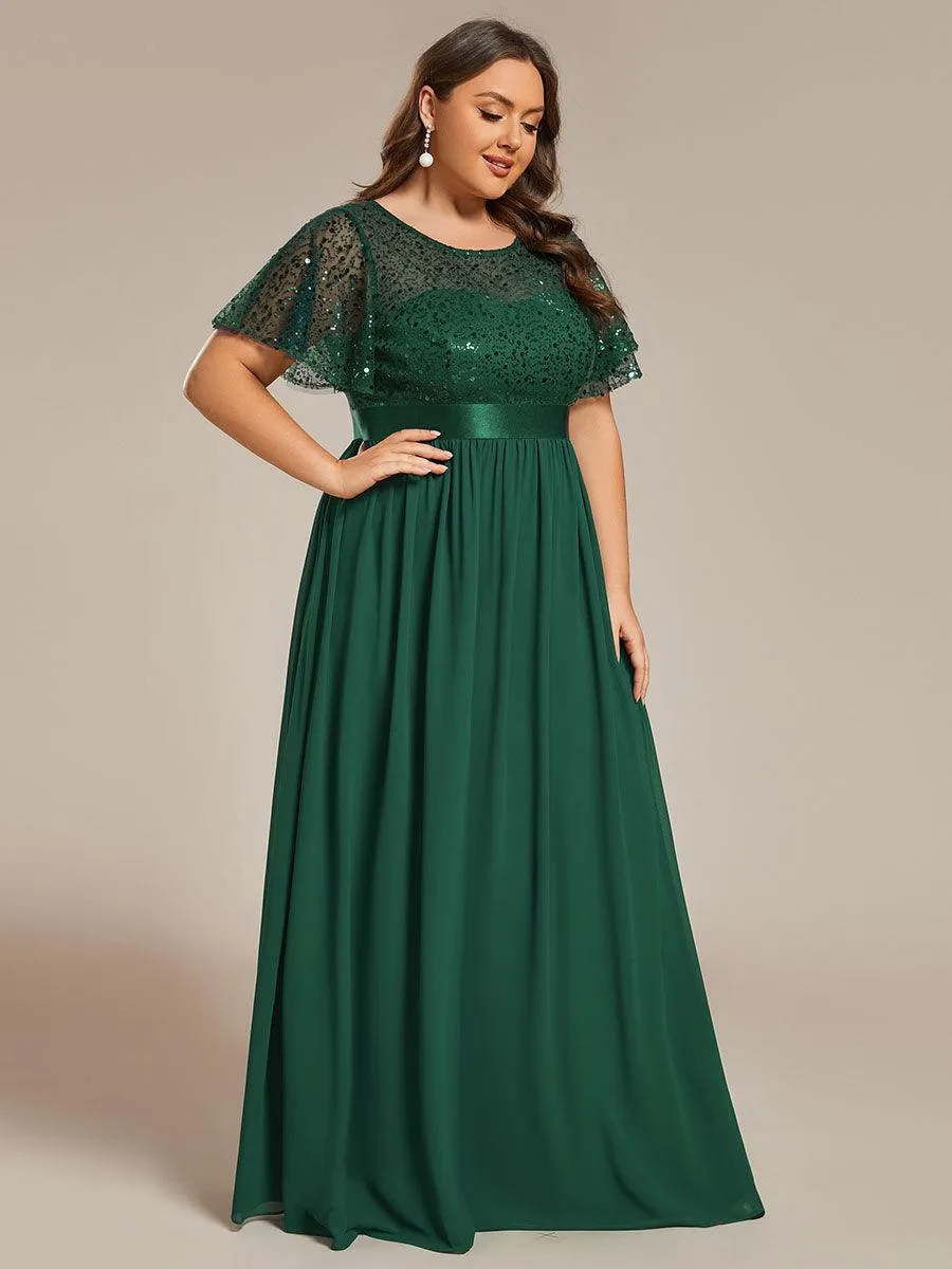 Robe de soirée à manches courtes et col rond à sequins taille haute de grande taille