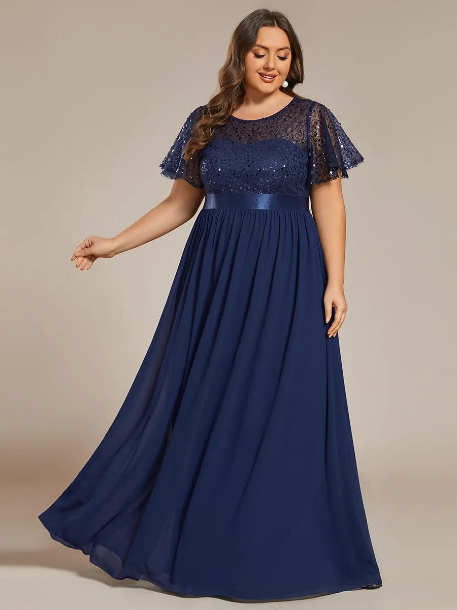 Robe de soirée à manches courtes et col rond à sequins taille haute de grande taille