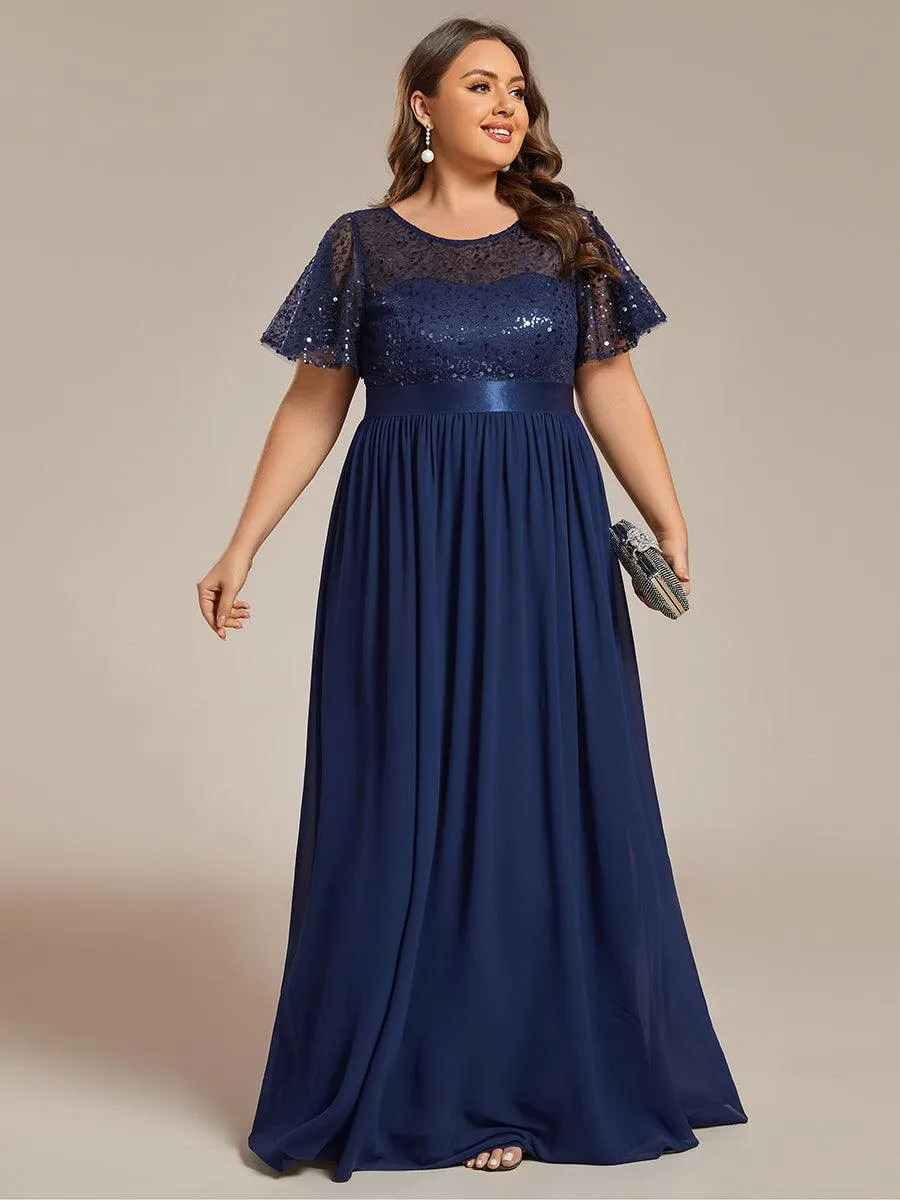 Robe de soirée à manches courtes et col rond à sequins taille haute de grande taille