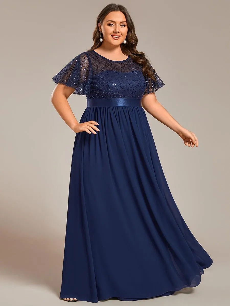 Robe de soirée à manches courtes et col rond à sequins taille haute de grande taille