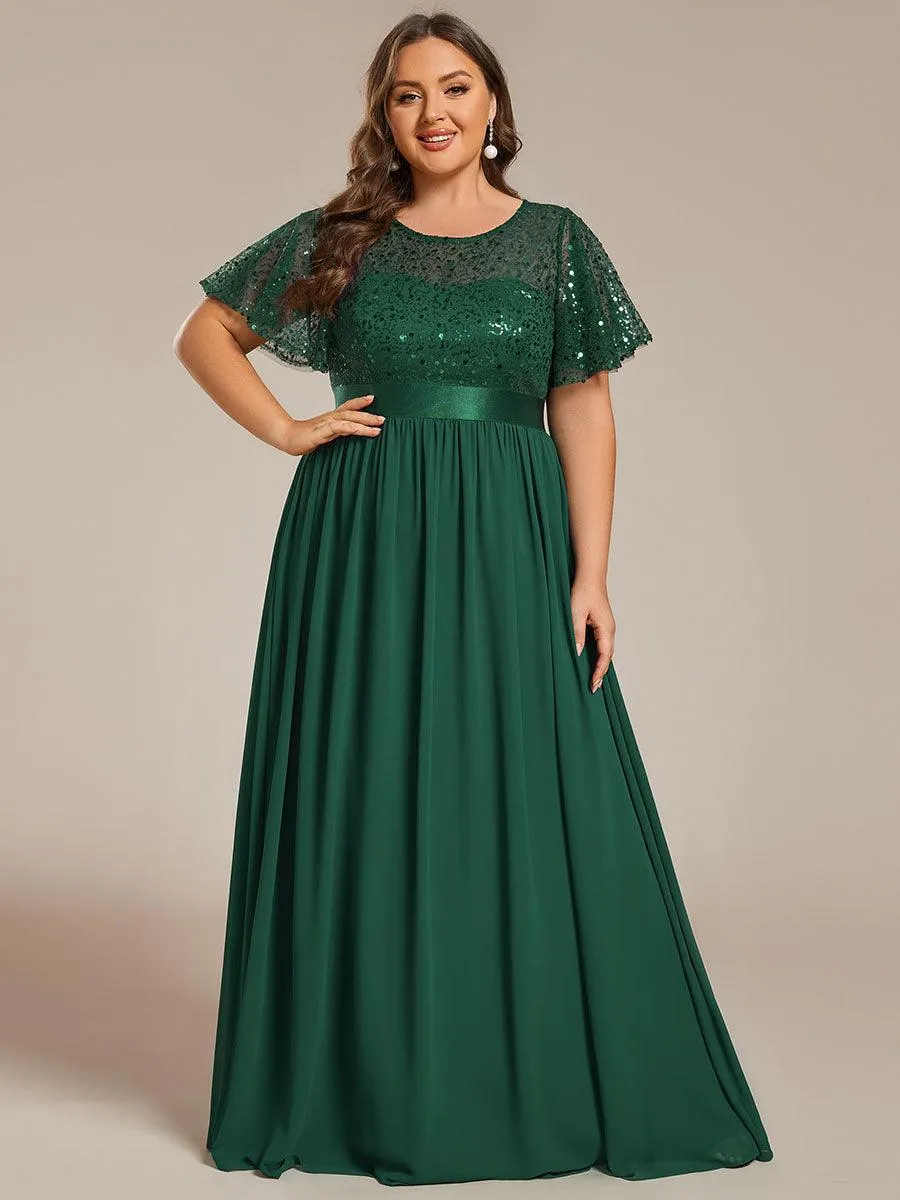 Robe de soirée à manches courtes et col rond à sequins taille haute de grande taille