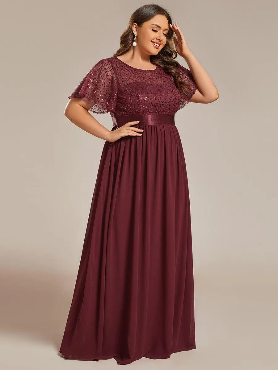 Robe de soirée à manches courtes et col rond à sequins taille haute de grande taille