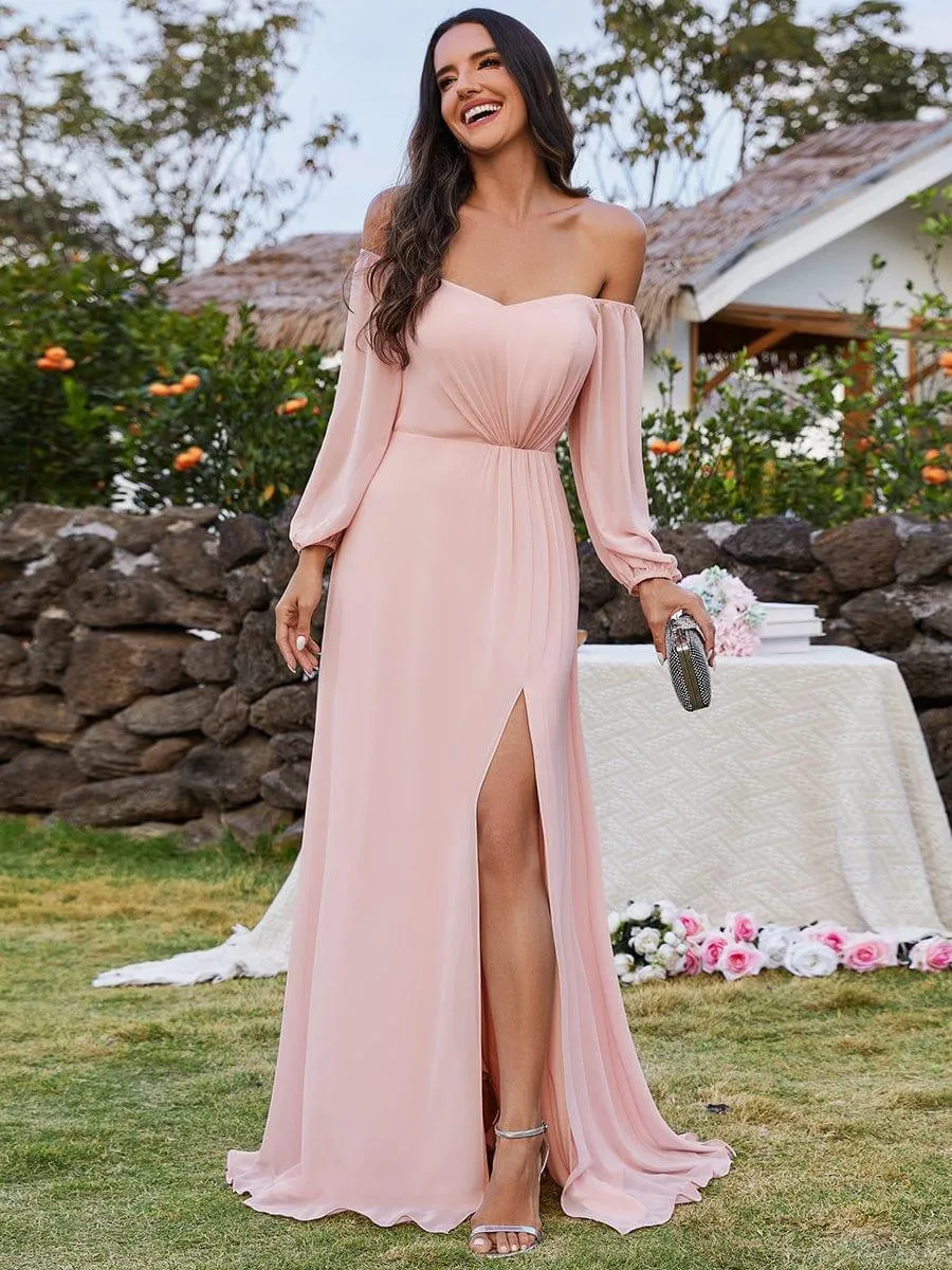 Robes de demoiselle d'honneur à manches longues en mousseline à épaules dénudées