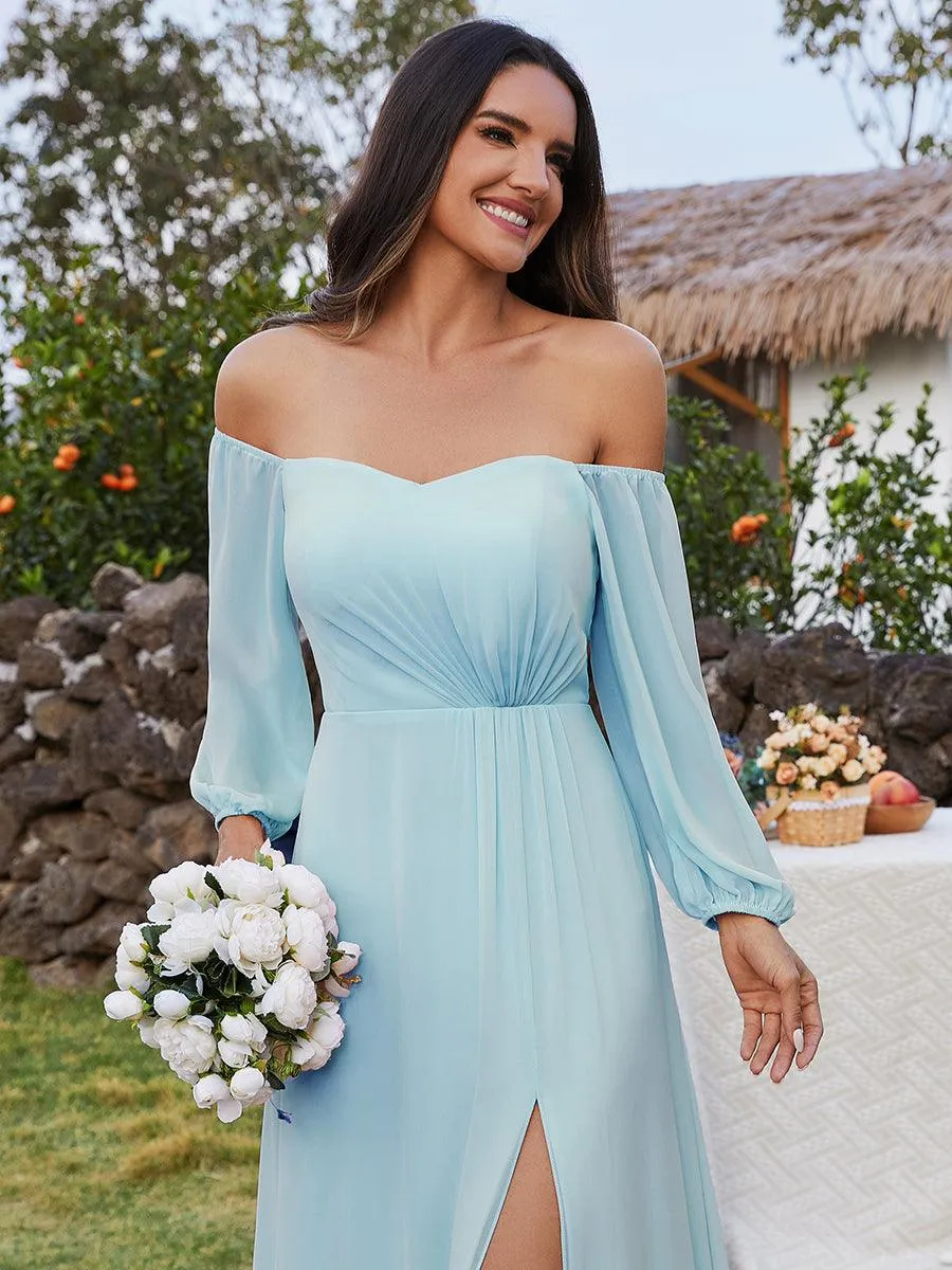 Robes de demoiselle d'honneur à manches longues en mousseline à épaules dénudées