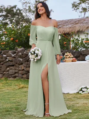 Robes de demoiselle d'honneur à manches longues en mousseline à épaules dénudées