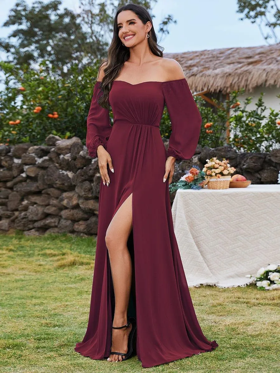 Robes de demoiselle d'honneur à manches longues en mousseline à épaules dénudées